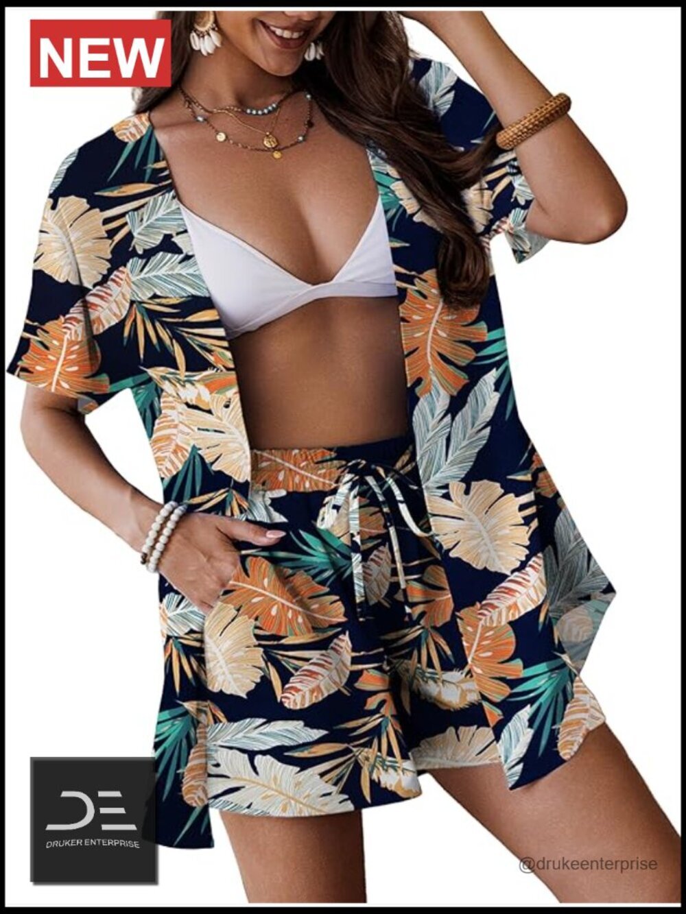 Hawaiian Tropical Print 2 Piece Swim Cover Up Shorts Set Beachwear Quick-Dry